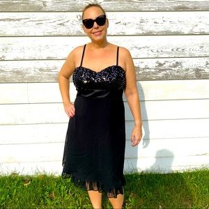 R&M Richards Black Sequin and Chiffon Ruffle Dress sz 14